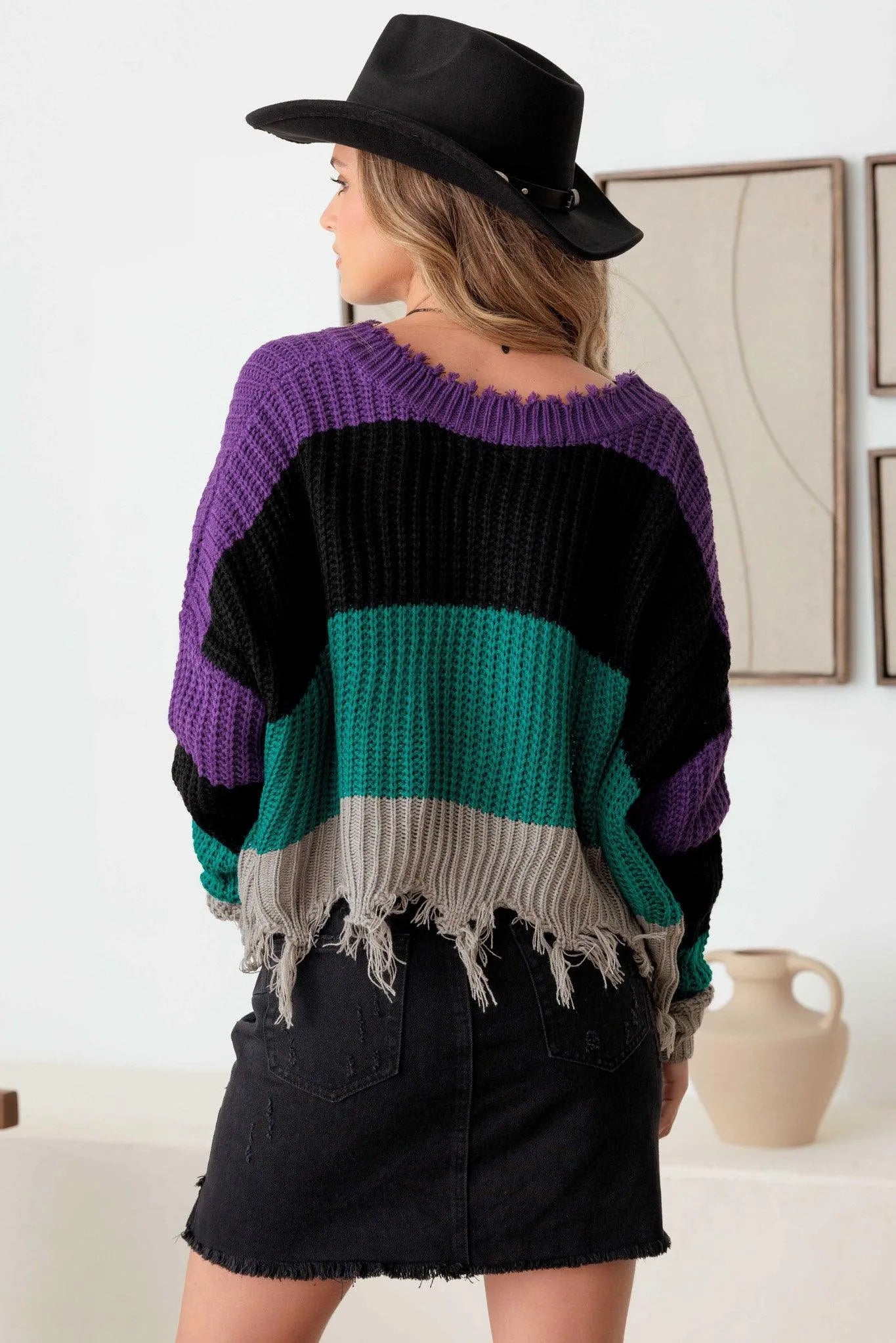 V-Neck Long Sleeve Destroyed Hem Sweater - Tasha Apparel Wholesale