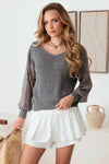 Lace Panel V-Neck Drop Shoulder Back Knot Sweater - Tasha Apparel Wholesale