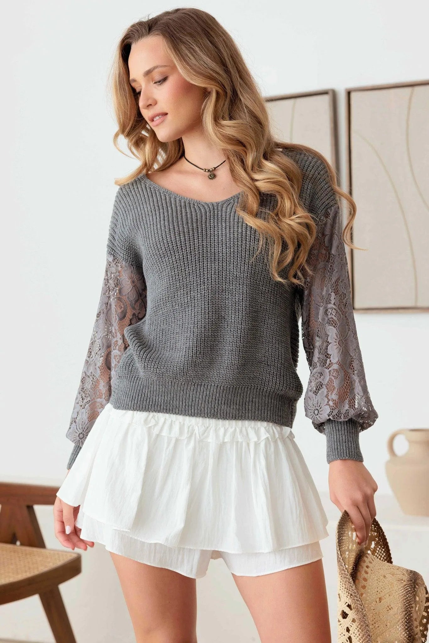 Lace Panel V-Neck Drop Shoulder Back Knot Sweater - Tasha Apparel Wholesale