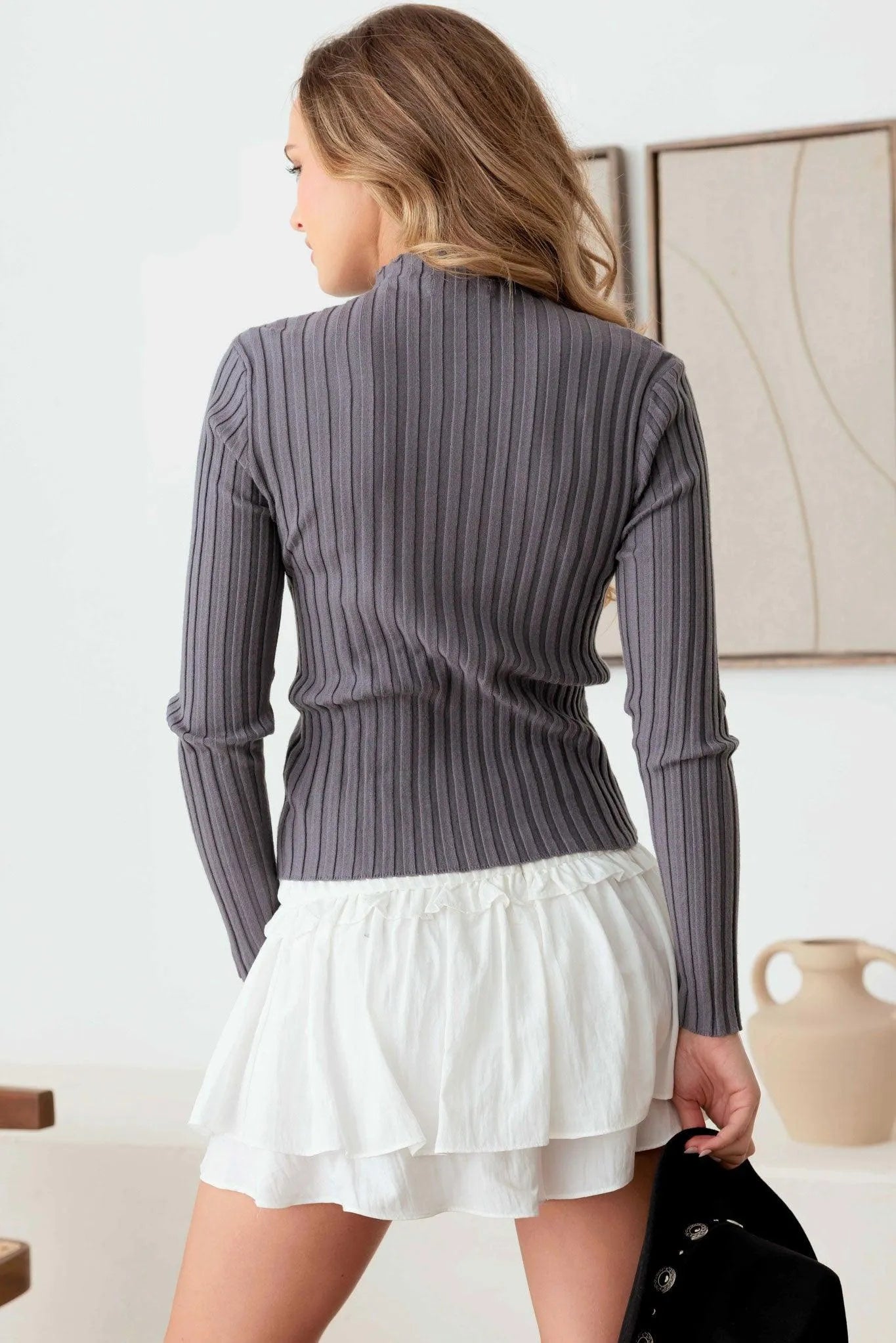 Ribbed Pattern Long Sleeve Mock Neck Sweater - Tasha Apparel Wholesale