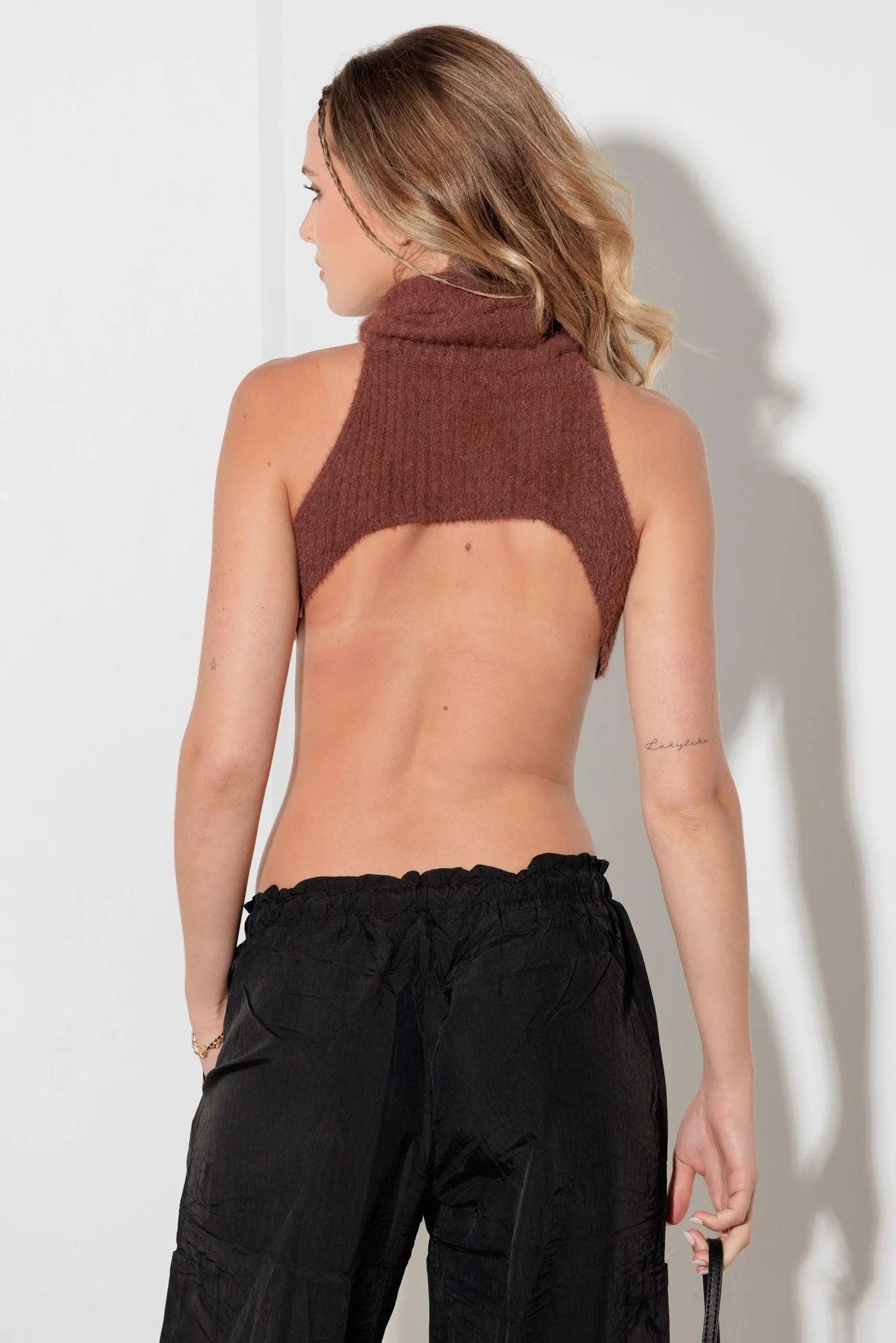 Fuzzy Cropped Turtleneck Backless Top Sweater - Tasha Apparel Wholesale