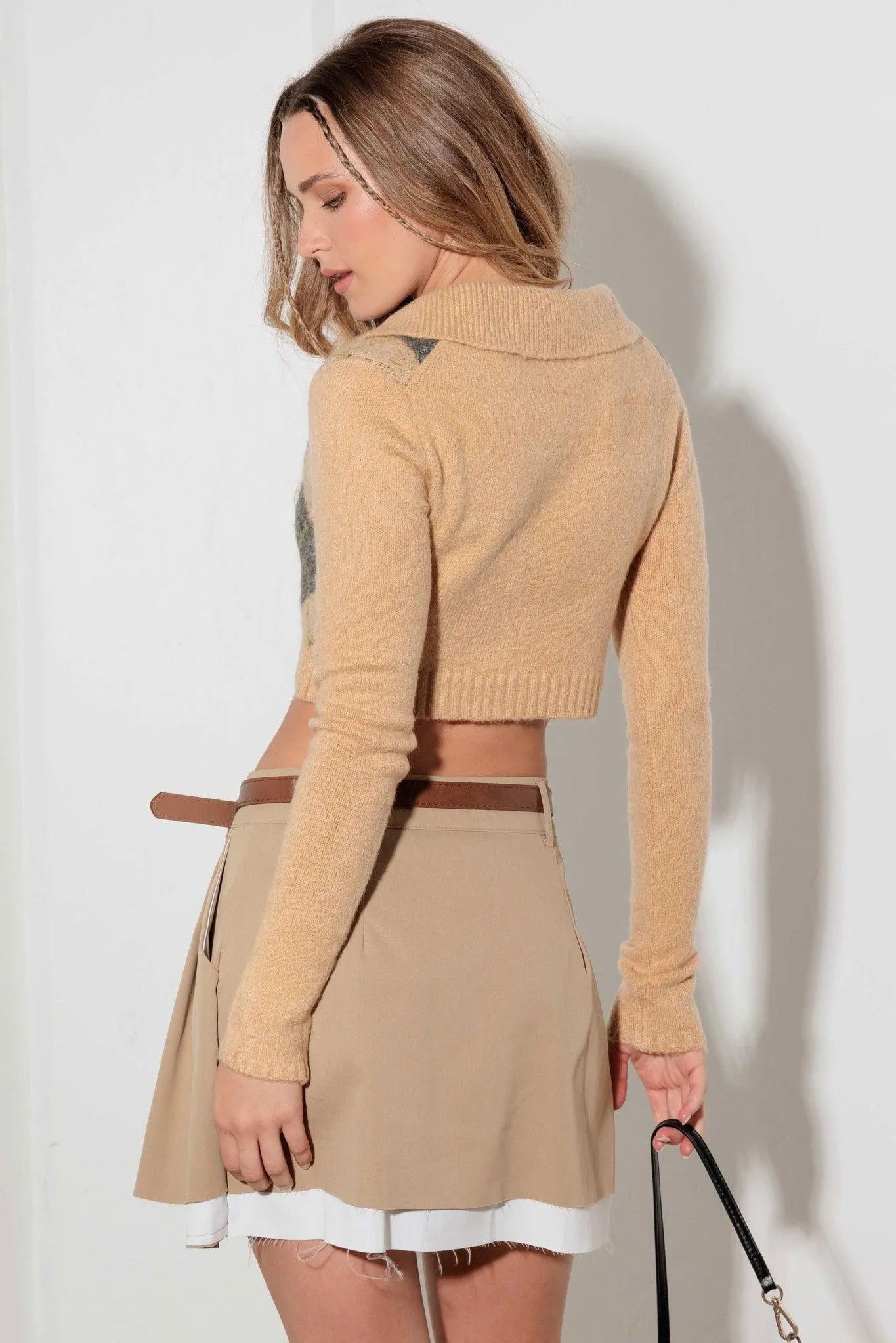 Argyle Collared V-Neck Long Sleeve Crop Sweater - Tasha Apparel Wholesale