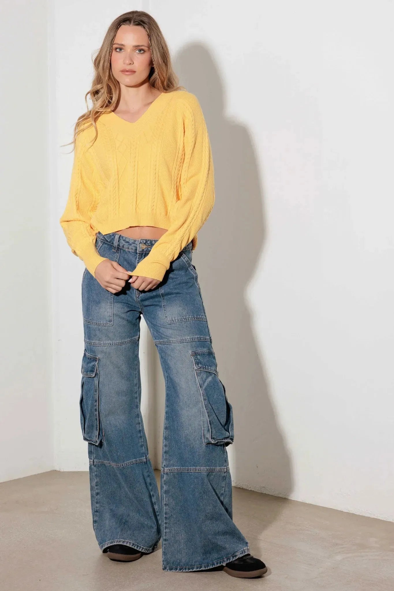 V-Neck Cable Pattern Crop Long Sleeve Sweater - Tasha Apparel Wholesale