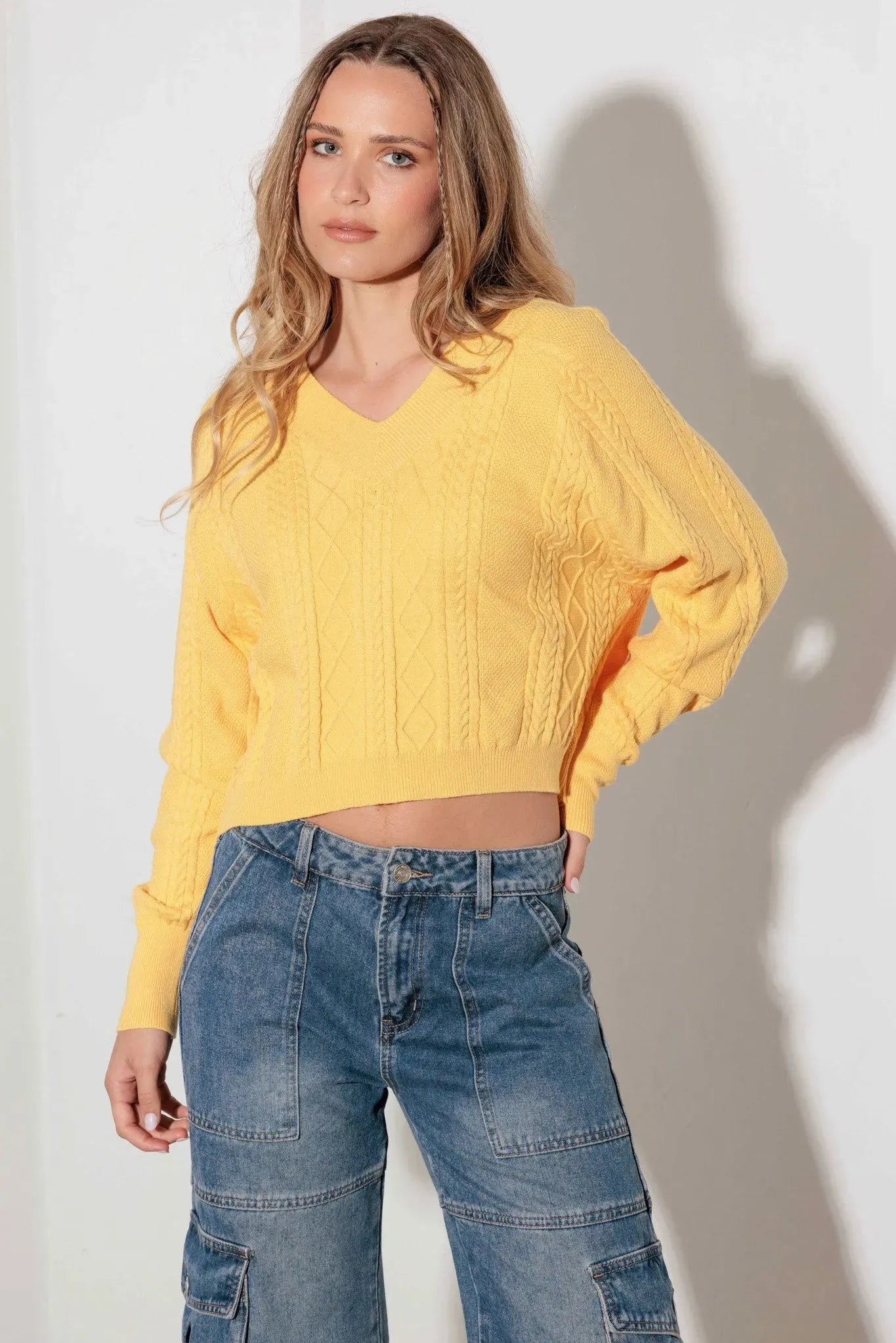 V-Neck Cable Pattern Crop Long Sleeve Sweater - Tasha Apparel Wholesale