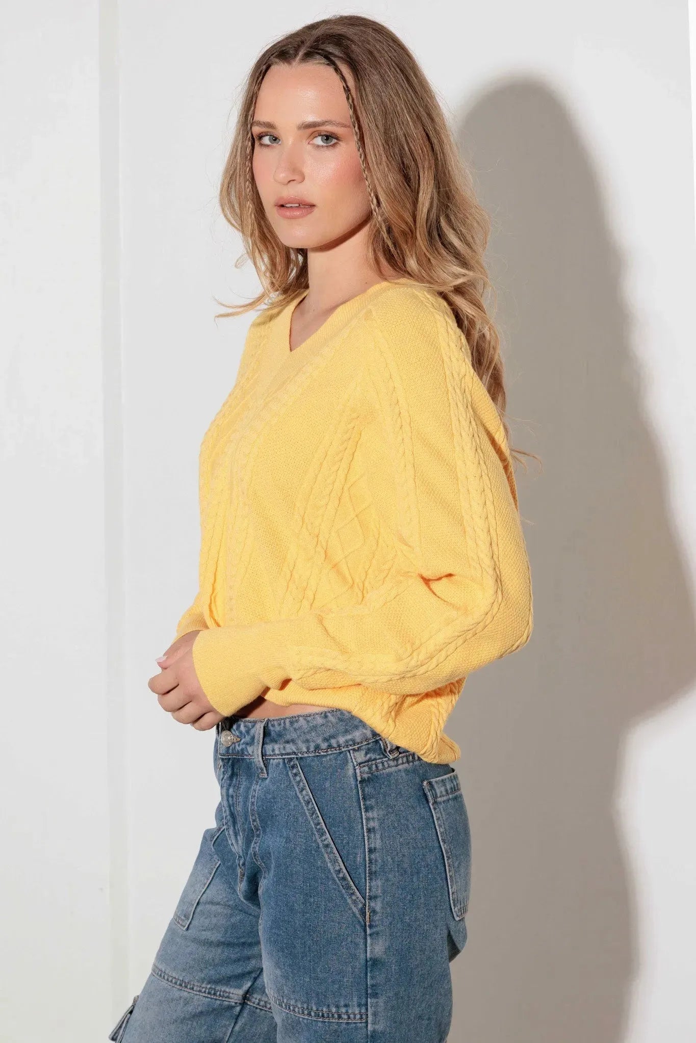 V-Neck Cable Pattern Crop Long Sleeve Sweater - Tasha Apparel Wholesale