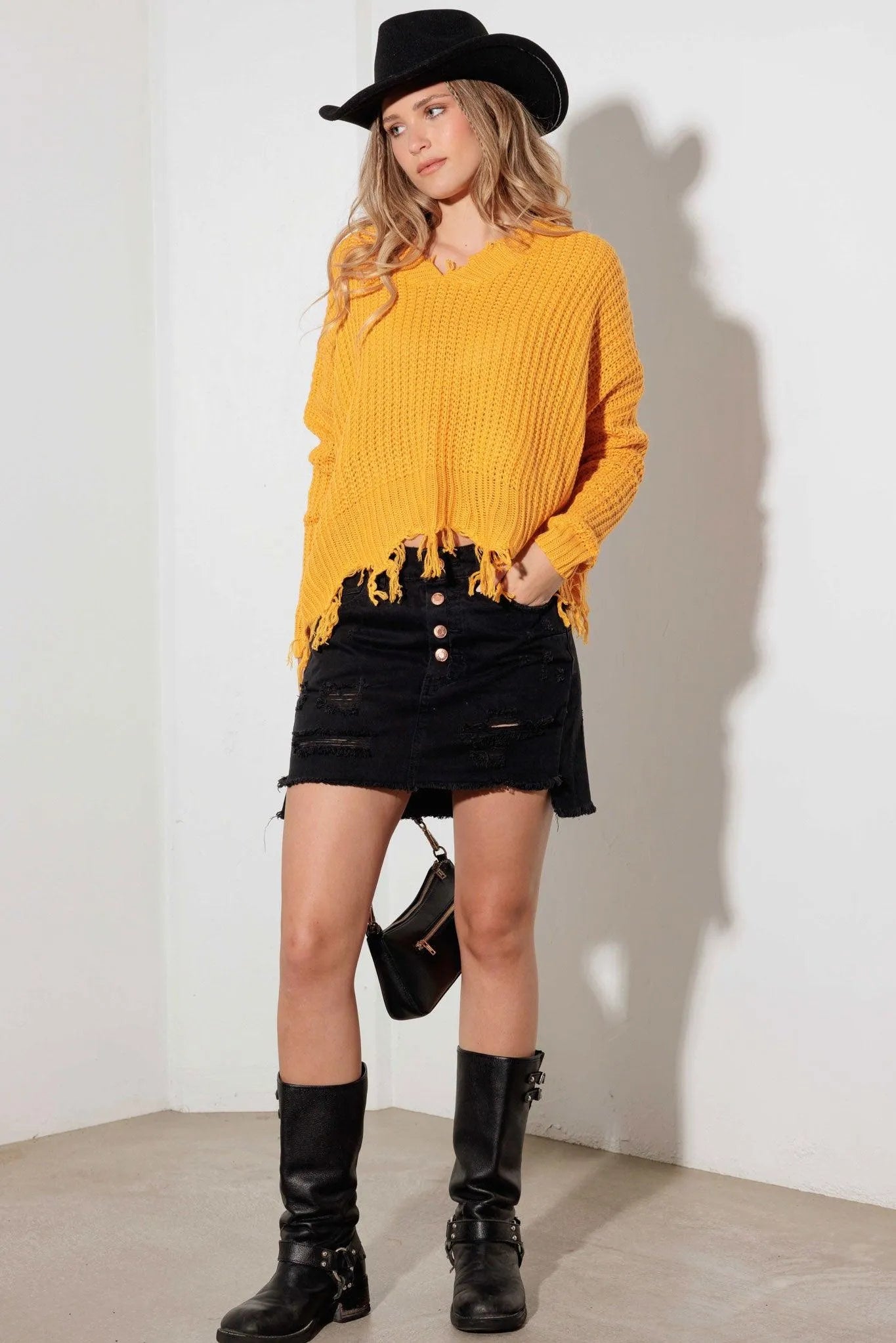 V-Neck Long Sleeve Destroyed Hem Sweater - Tasha Apparel Wholesale