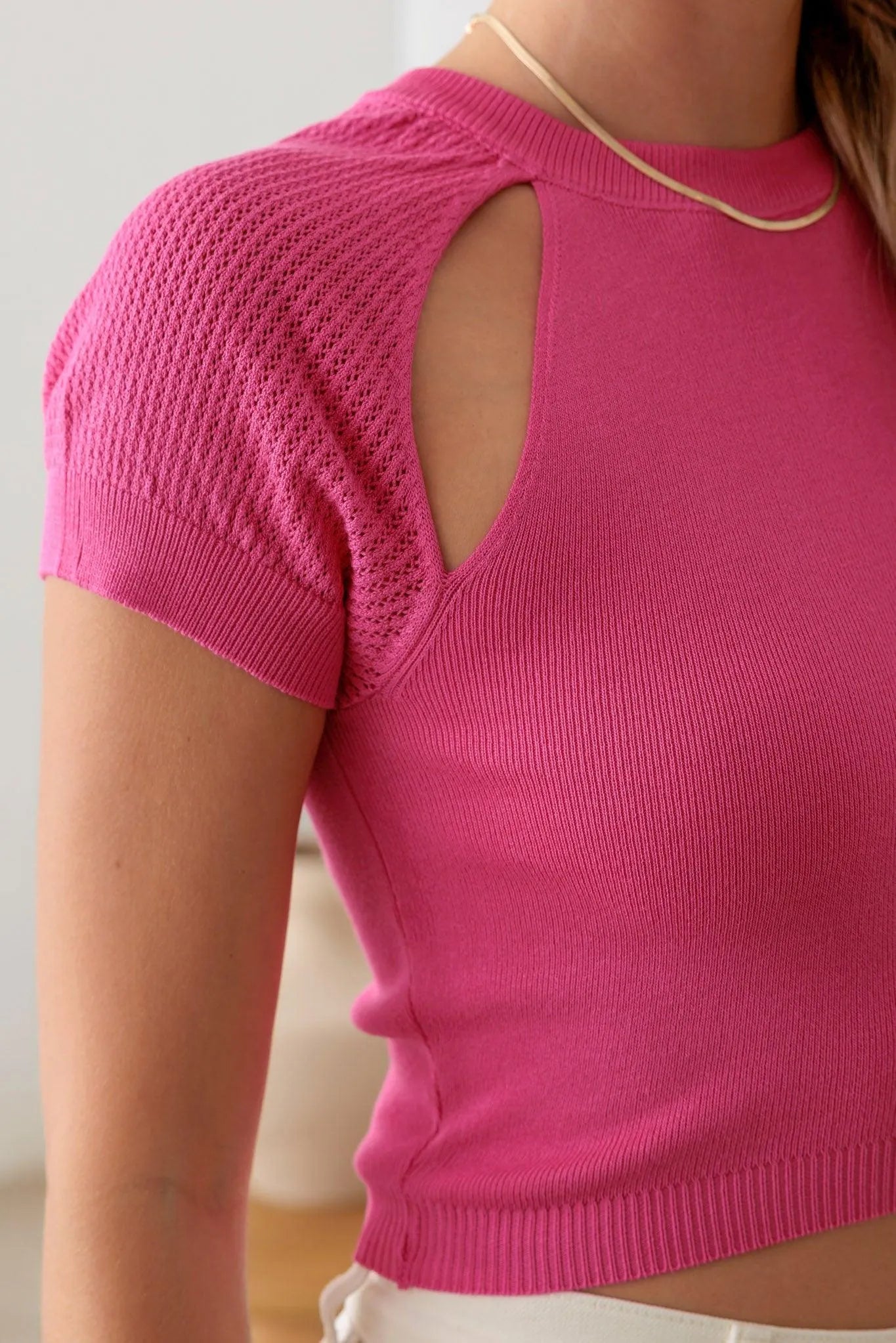 Short Sleeve Cut Out Net Sleeve Crop Knit Top - Tasha Apparel Wholesale