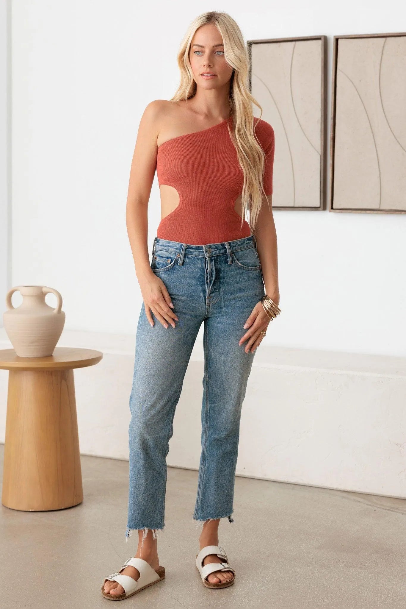 One Shoulder Side Cut-Out Stretchy Bodysuit - Tasha Apparel Wholesale