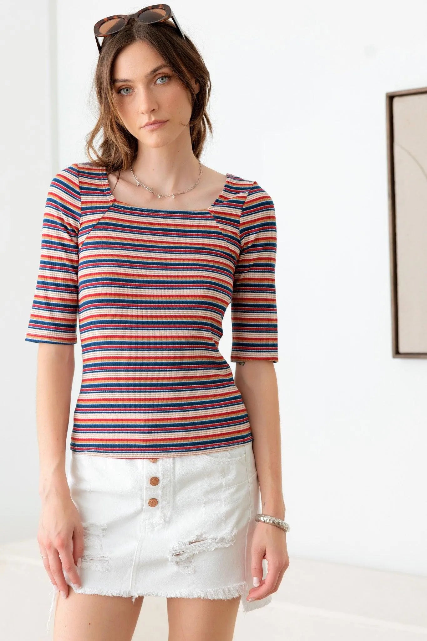 Multi Color Striped Square Neckline Rib Knit Top - Tasha Apparel Wholesale