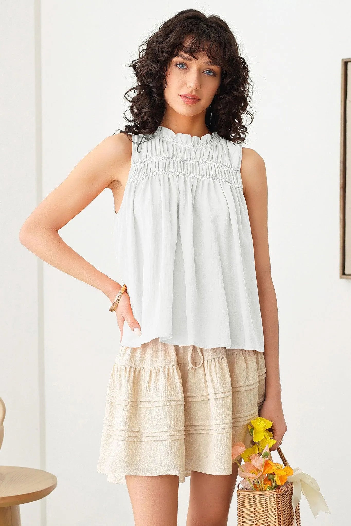 Boho Sleeveless Ruffled Neck Smocked Yoke Top - Tasha Apparel Wholesale