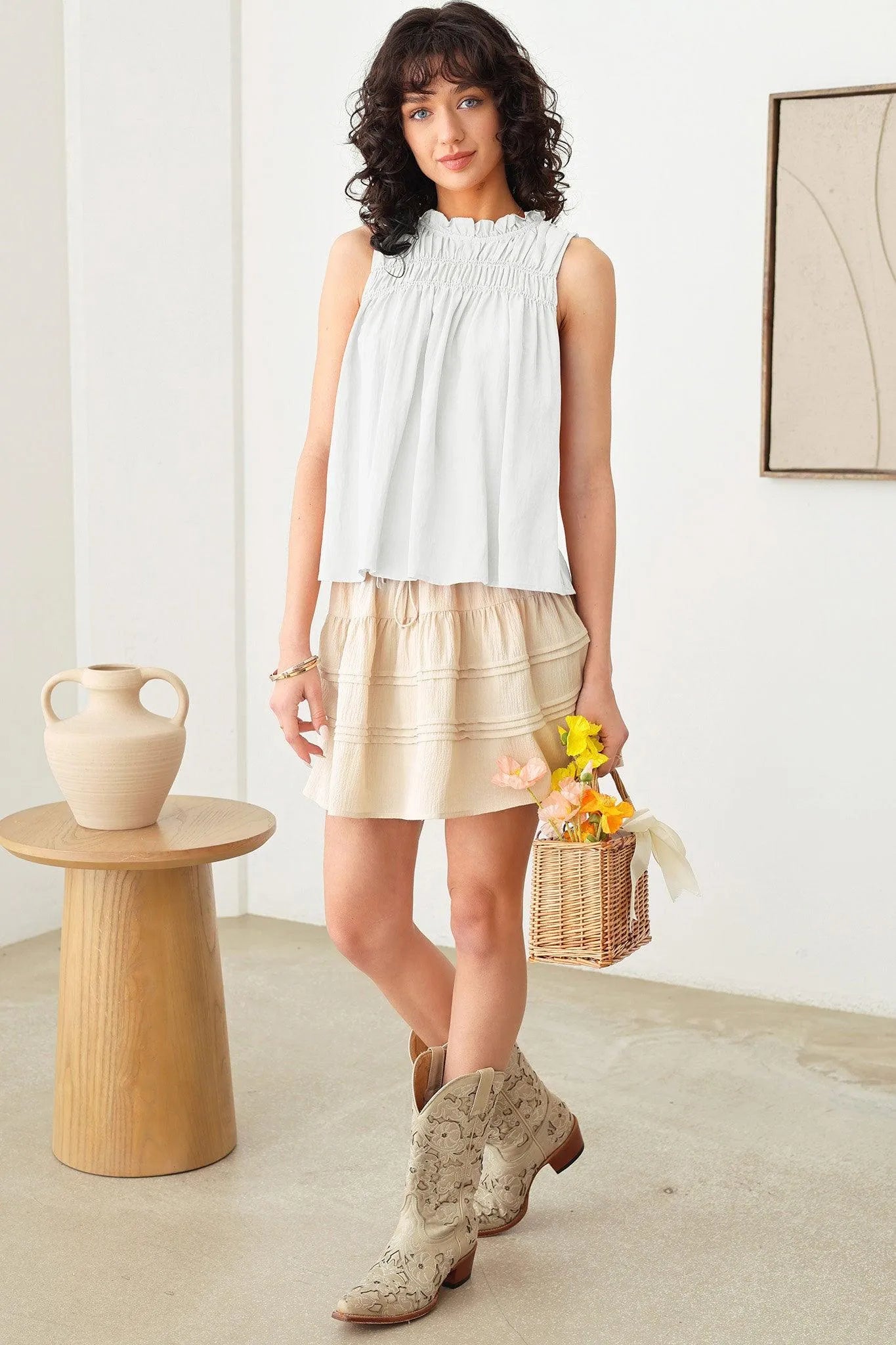 Boho Sleeveless Ruffled Neck Smocked Yoke Top - Tasha Apparel Wholesale