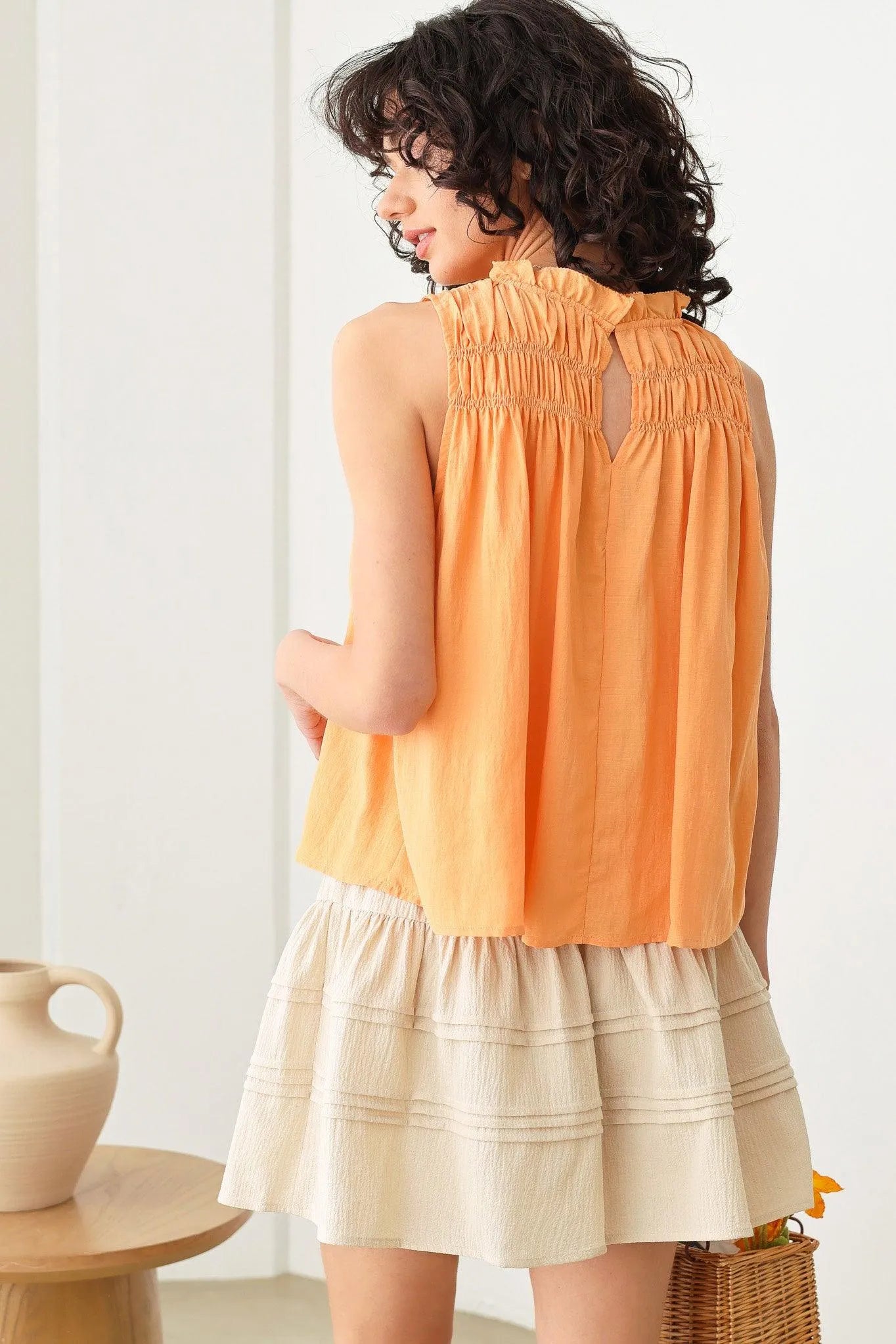 Boho Sleeveless Ruffled Neck Smocked Yoke Top - Tasha Apparel Wholesale