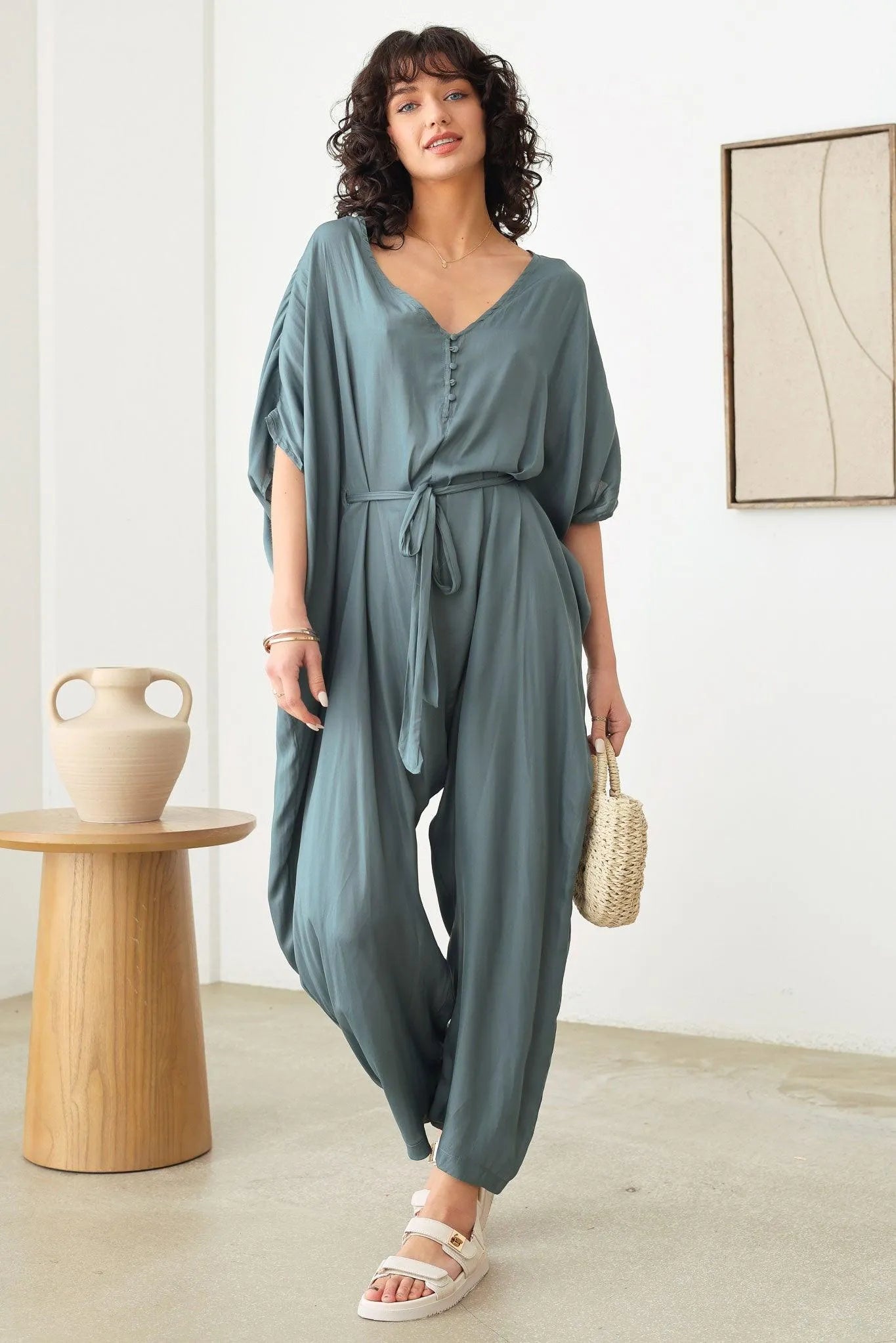 Silk Short Sleeve V-Neck Button Up Draped Jumpsuit - Tasha Apparel Wholesale