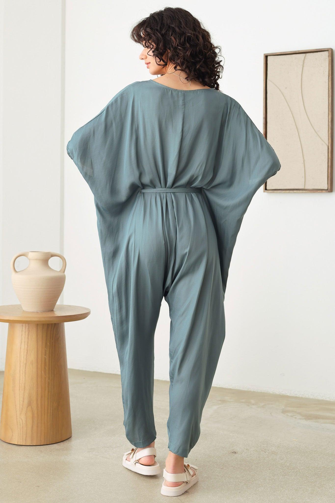 Silk Short Sleeve V-Neck Button Up Draped Jumpsuit - Tasha Apparel Wholesale