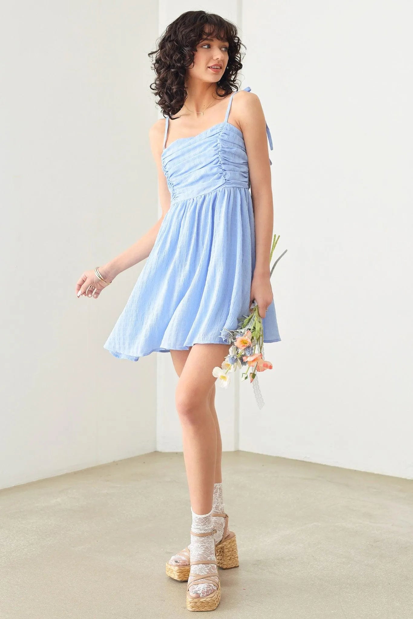 Ruching Bust Skater Silhouette Smocked Mini Dress - Tasha Apparel Wholesale