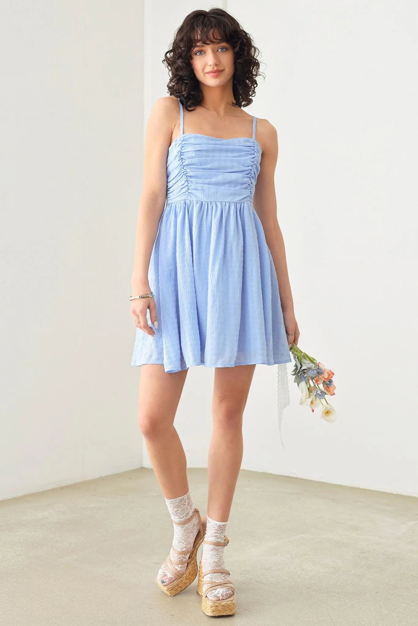 Ruching Bust Skater Silhouette Smocked Mini Dress - Tasha Apparel Wholesale