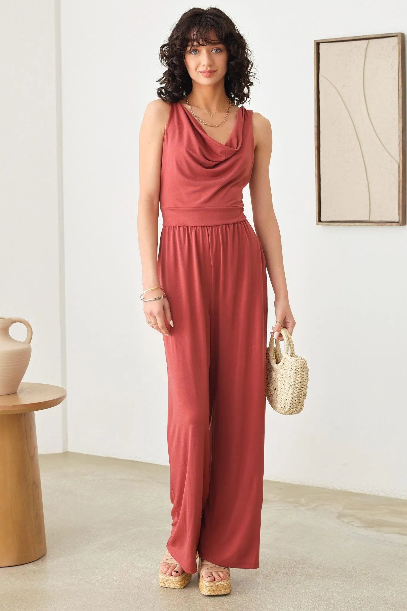 Solid Cowl Neck Wide Long Leg Jumpsuit - Tasha Apparel Wholesale