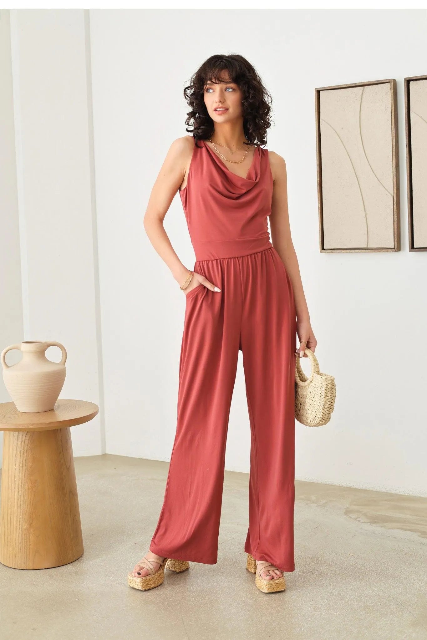 Solid Cowl Neck Wide Long Leg Jumpsuit - Tasha Apparel Wholesale