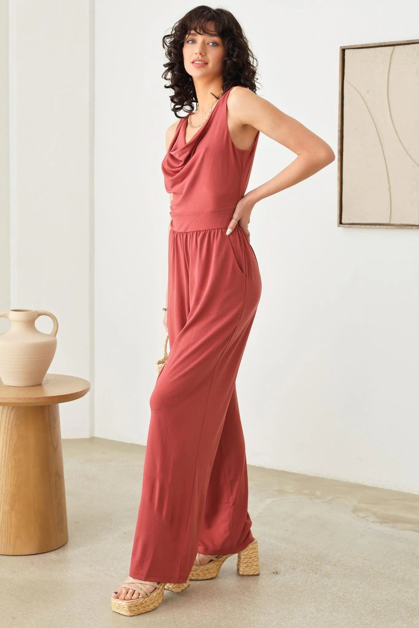 Solid Cowl Neck Wide Long Leg Jumpsuit - Tasha Apparel Wholesale