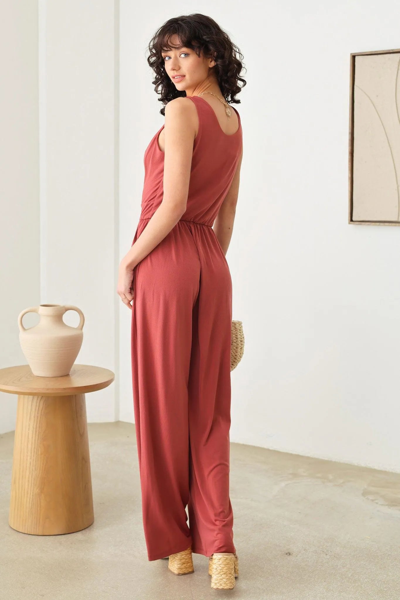 Solid Cowl Neck Wide Long Leg Jumpsuit - Tasha Apparel Wholesale