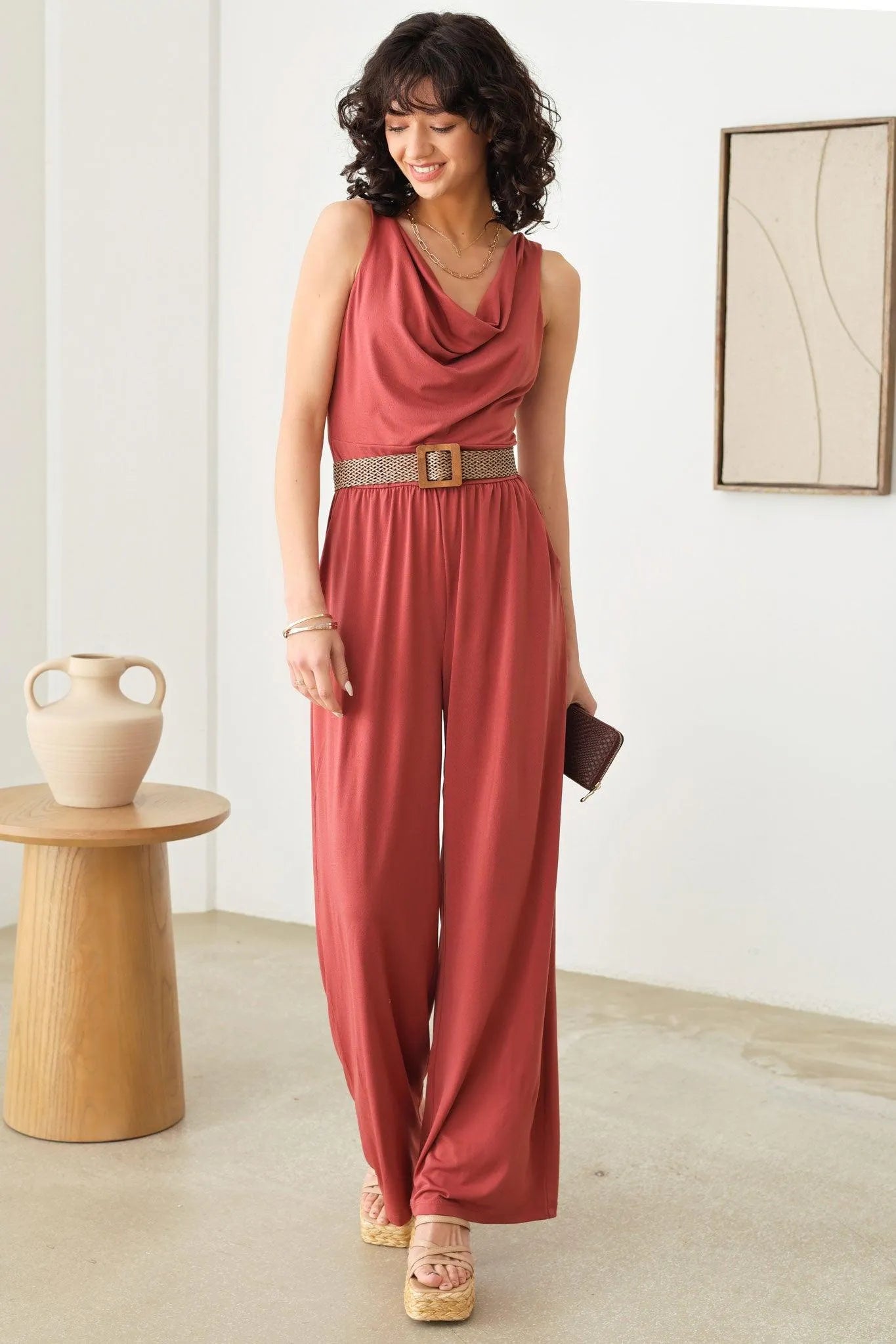 Solid Cowl Neck Wide Long Leg Jumpsuit - Tasha Apparel Wholesale