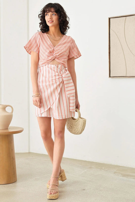 Boho Stripe Twist Bust Line Side Tie Warp Midi Dress - Tasha Apparel Wholesale