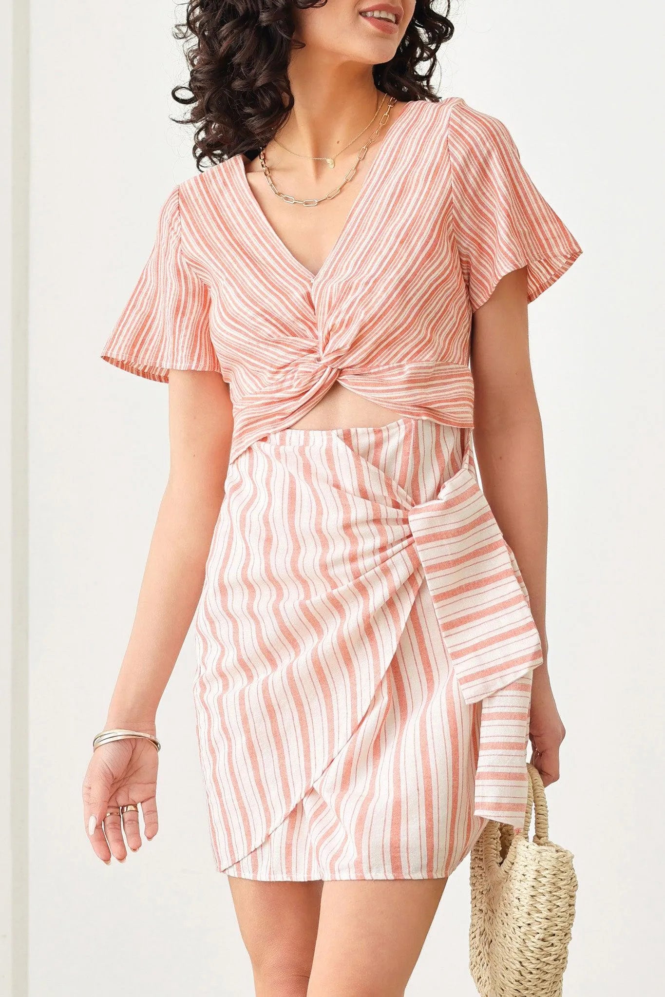 Boho Stripe Twist Bust Line Side Tie Warp Midi Dress - Tasha Apparel Wholesale