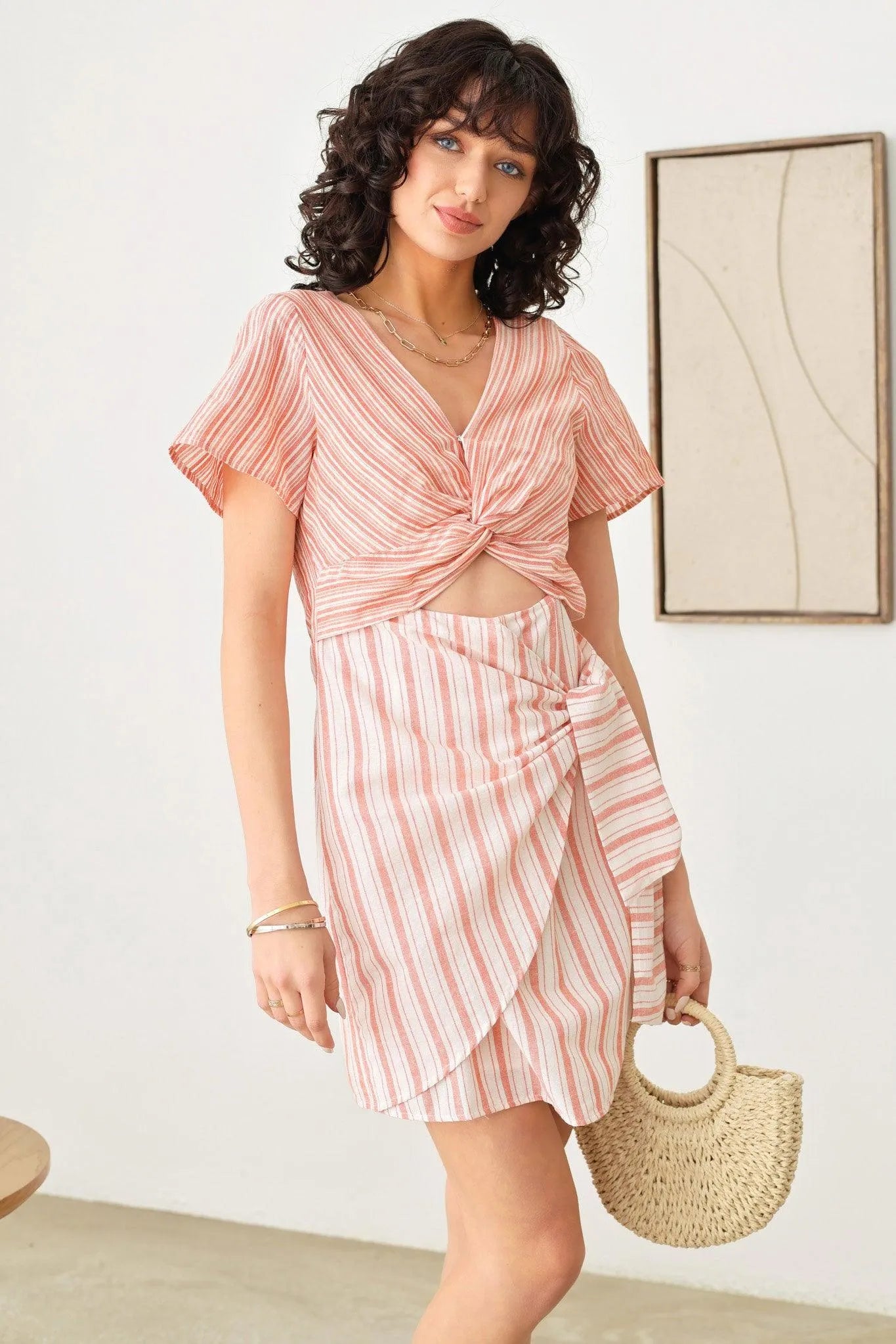 Boho Stripe Twist Bust Line Side Tie Warp Midi Dress - Tasha Apparel Wholesale