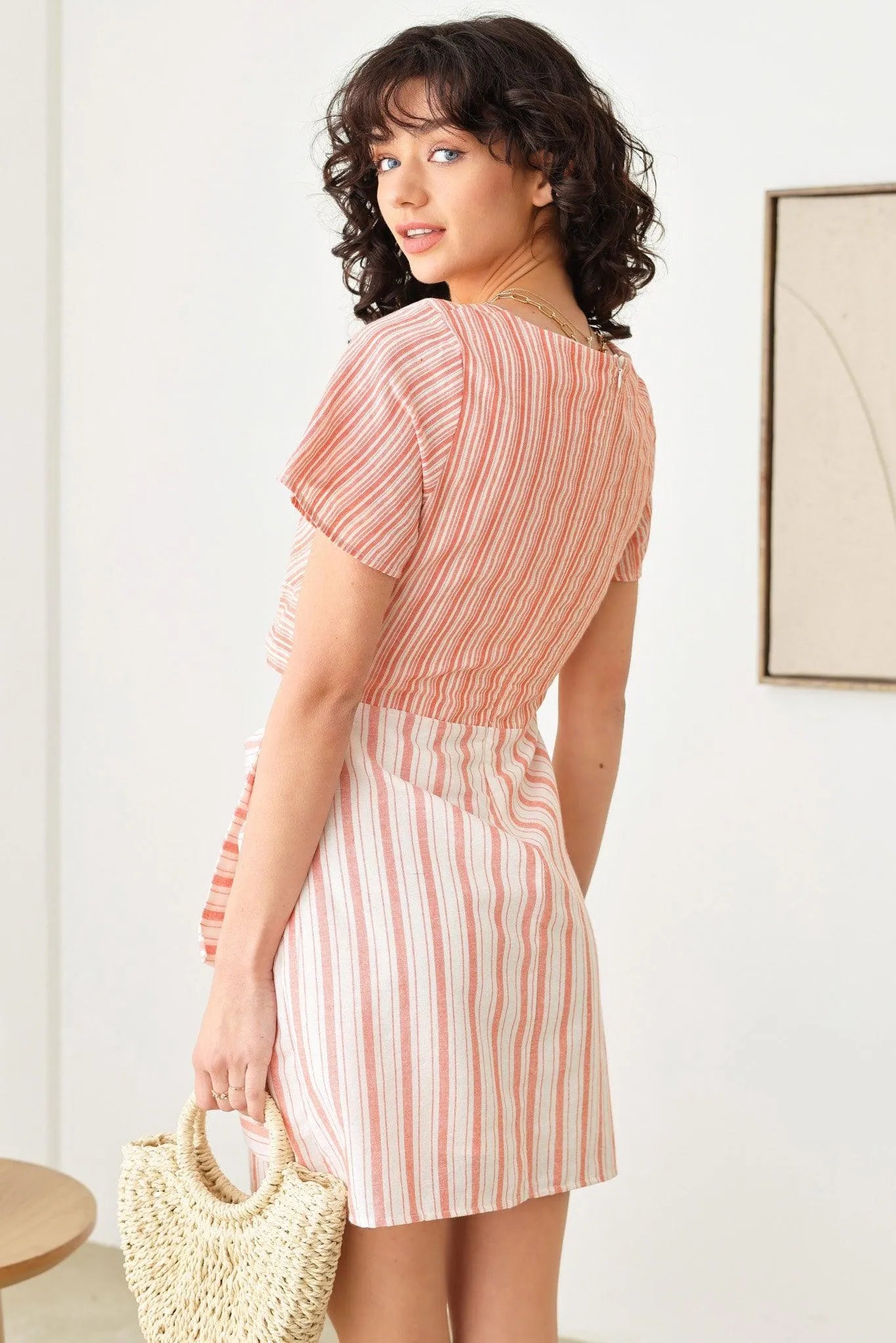 Boho Stripe Twist Bust Line Side Tie Warp Midi Dress - Tasha Apparel Wholesale