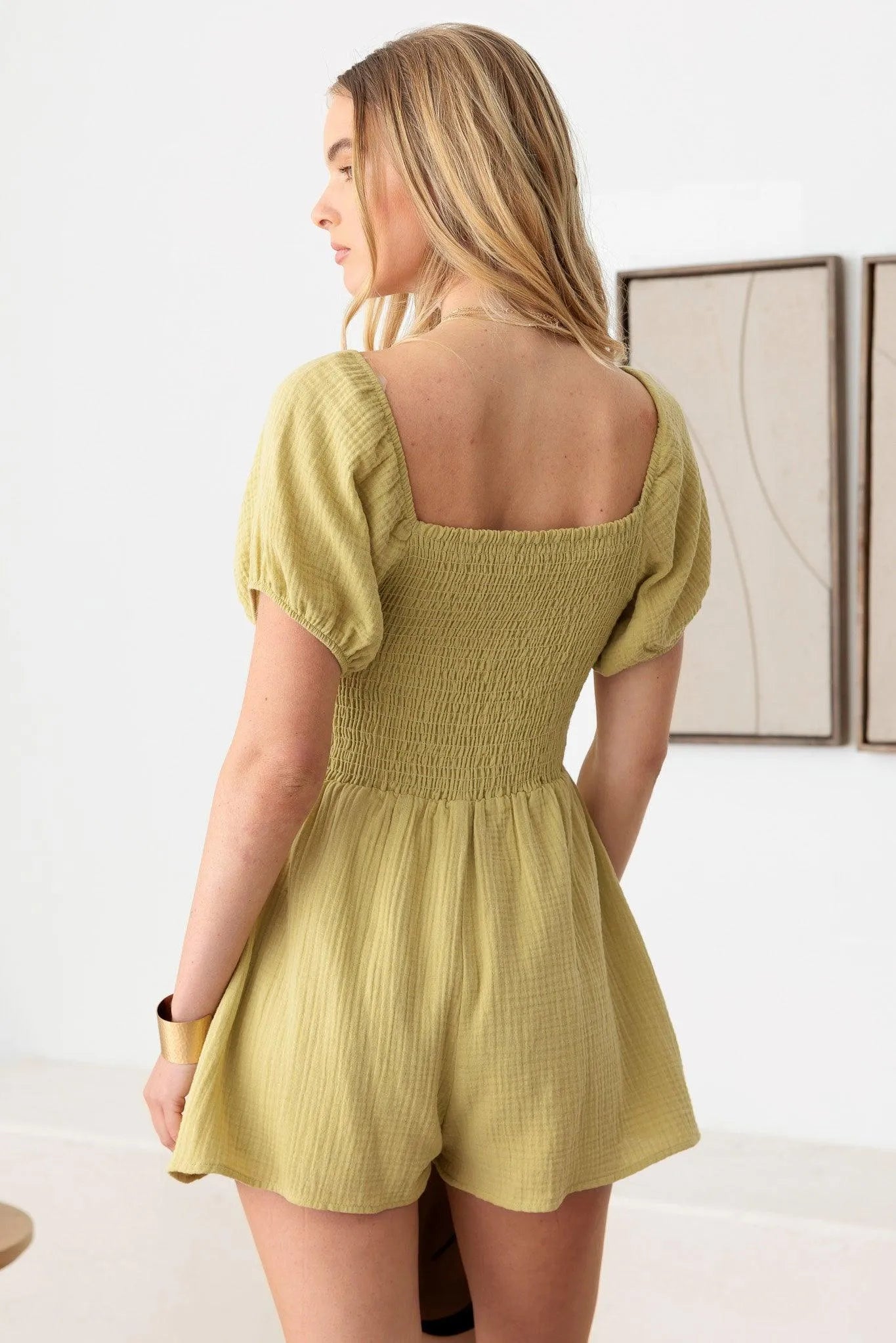 Western Boho Short Sleeve Smocked Waist Romper - Tasha Apparel Wholesale