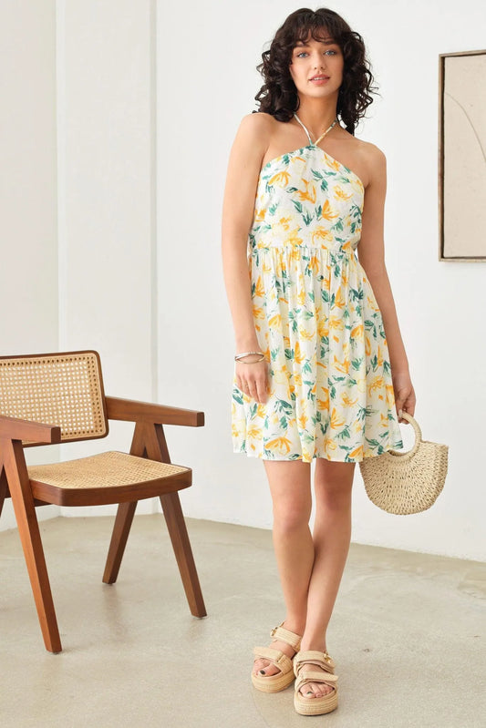 Boho Floral Print Halter Tying Strap Open Back Dress - Tasha Apparel Wholesale