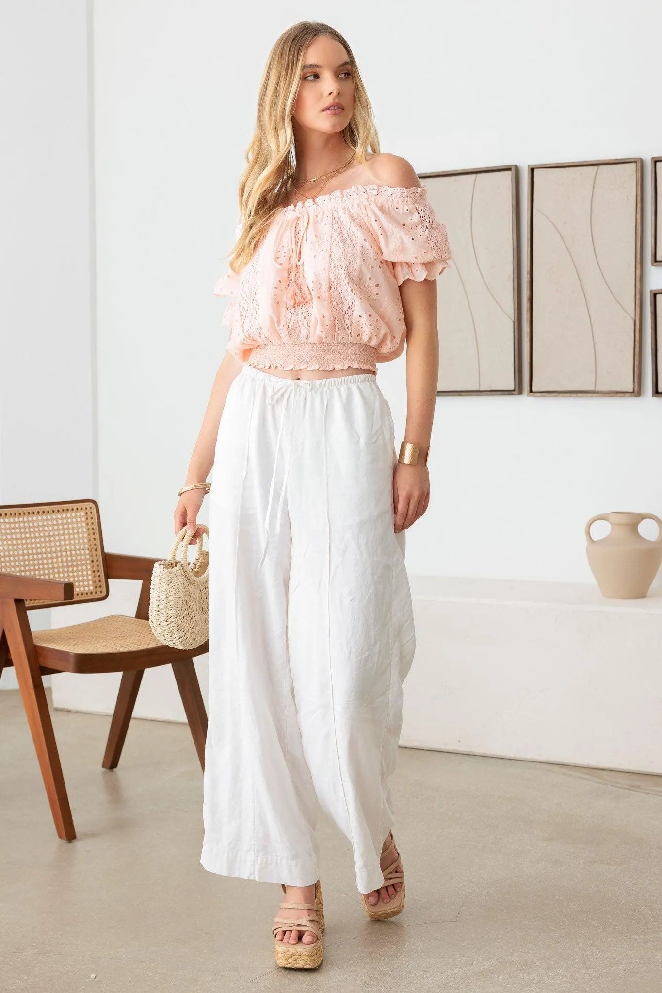 Floral Lace Short Sleeve Smocked Hem Crop Top - Tasha Apparel Wholesale