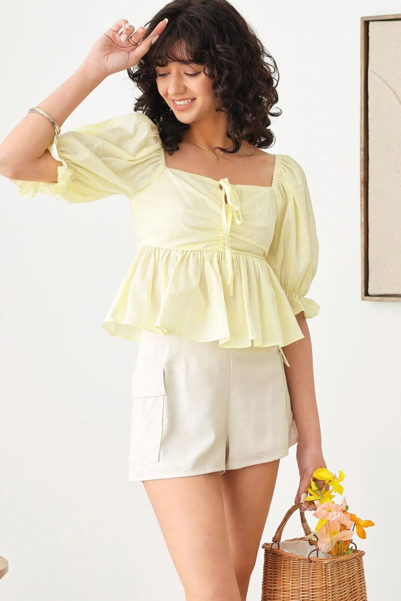 Striped Square Neck Front Tie Ruffle Hem Babydoll Top - Tasha Apparel Wholesale