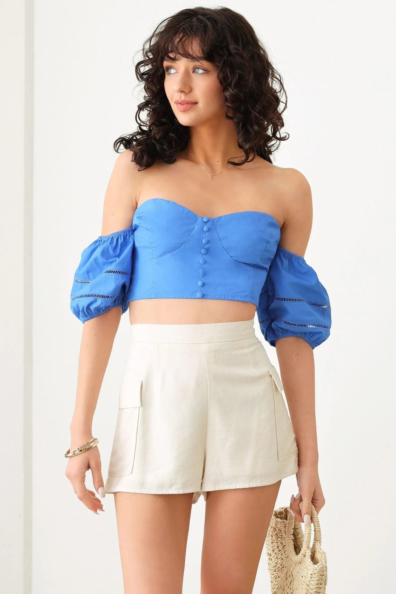Off Shoulder Puffy Sleeve Ruched Bust Crop Top - Tasha Apparel Wholesale