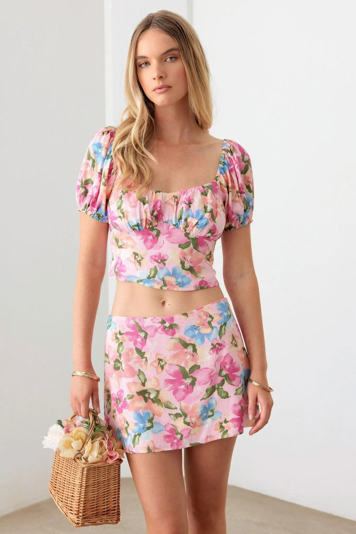 Floral Bustier Puff Sleeve Crop Top Mini Skirt Set