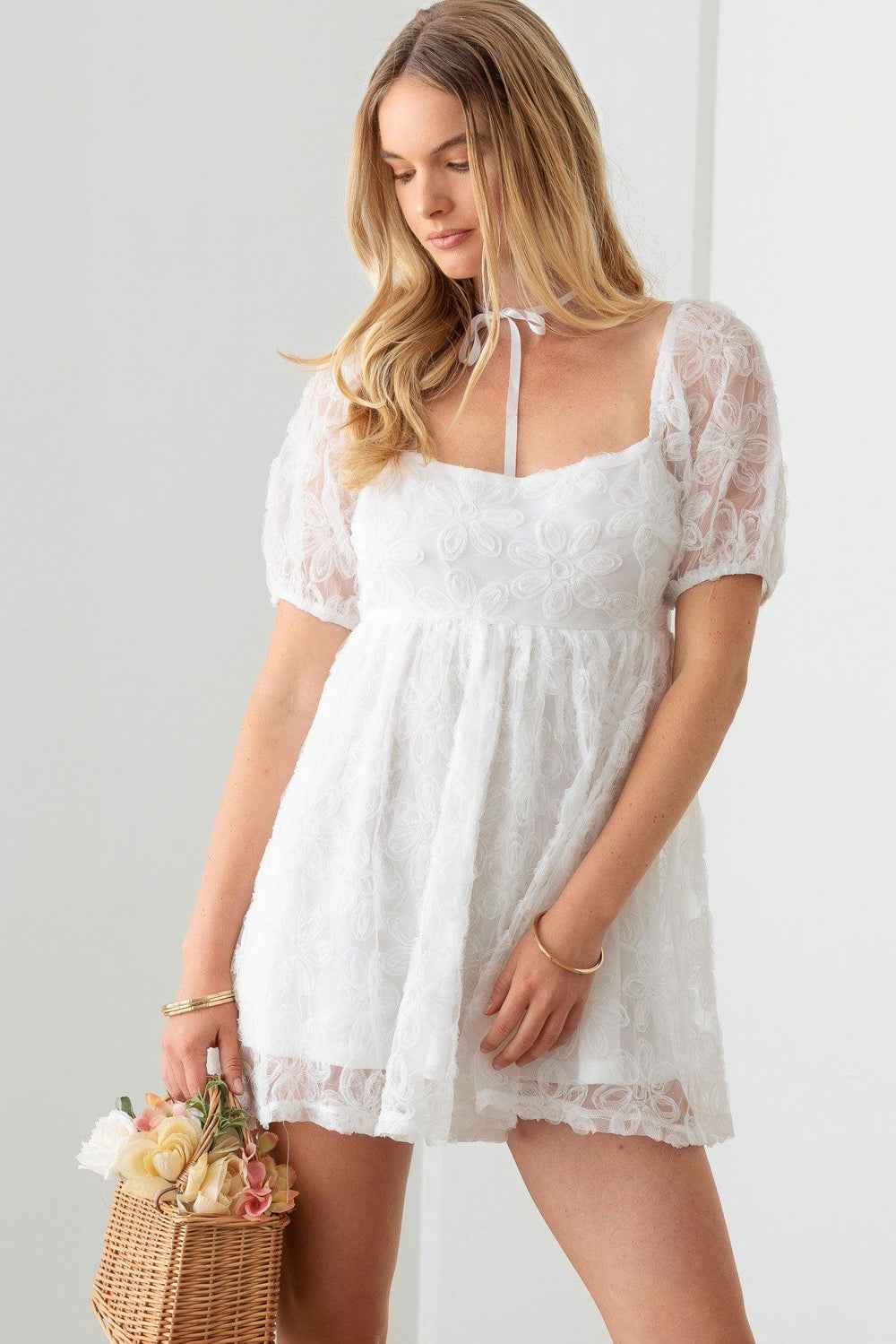 Floral Embroidered Square Neck Puff Sleeve Mini Babydoll Dress