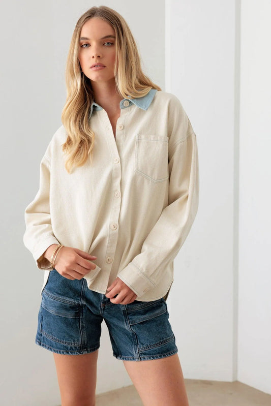 Cream Contrast Collar Cotton Pocket Oversized Shacket - Tasha Apparel Wholesale