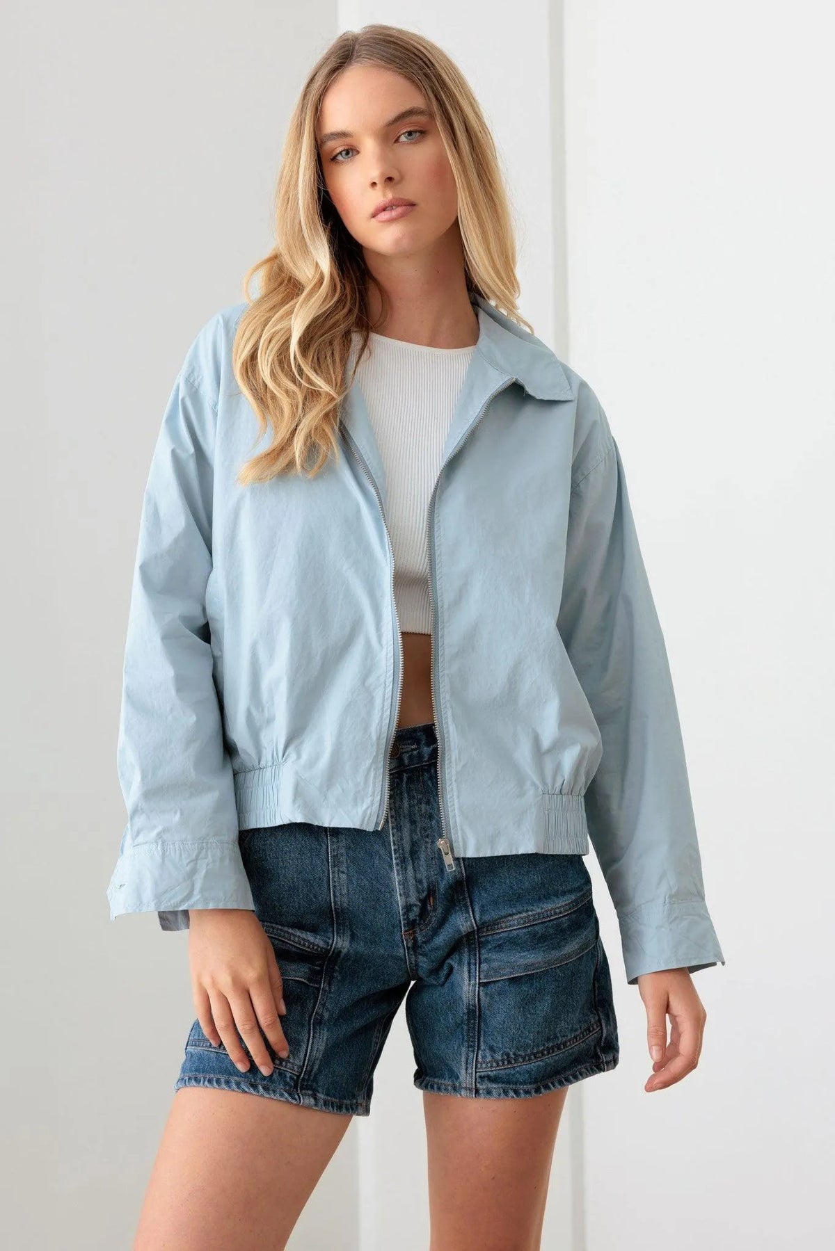 Boxy Jacket Baby Blue 100% Cotton Zip Up Collared Boxy Jacket