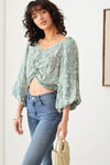 Boho Floral Print Twist Front Puff Sleeve top - Tasha Apparel Wholesale