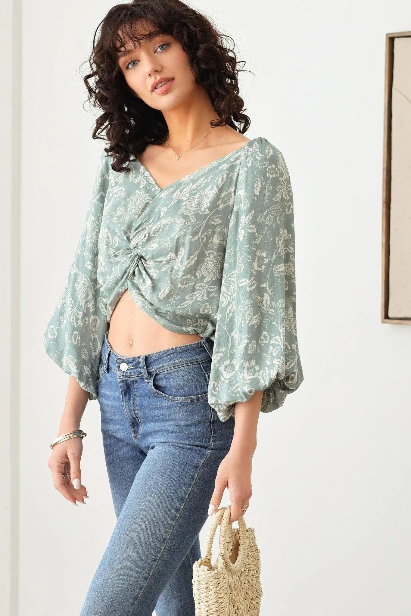 Boho Floral Print Twist Front Puff Sleeve top - Tasha Apparel Wholesale