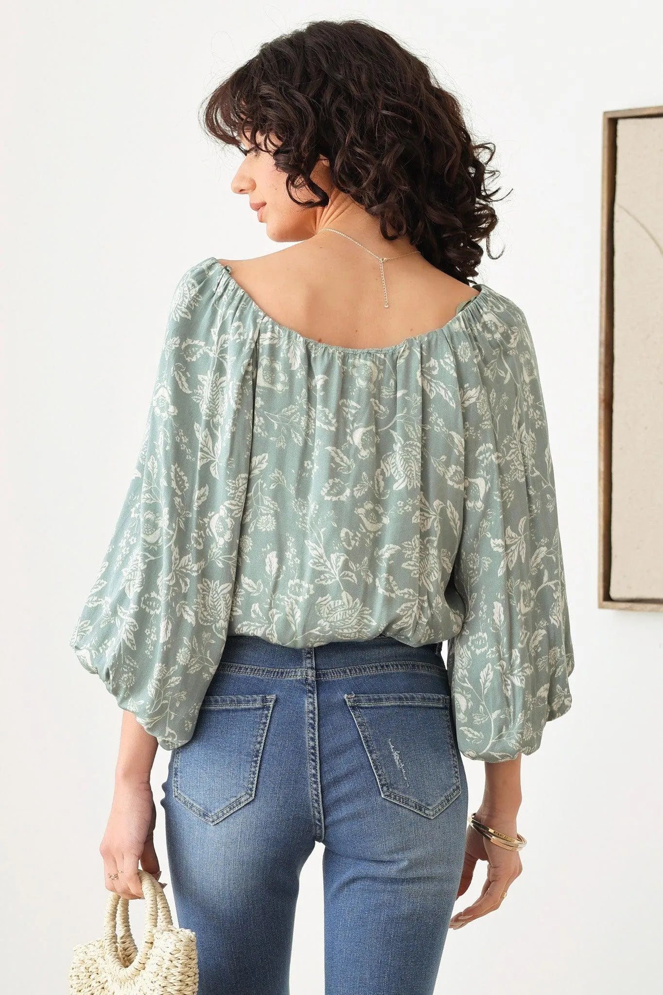 Boho Floral Print Twist Front Puff Sleeve top - Tasha Apparel Wholesale