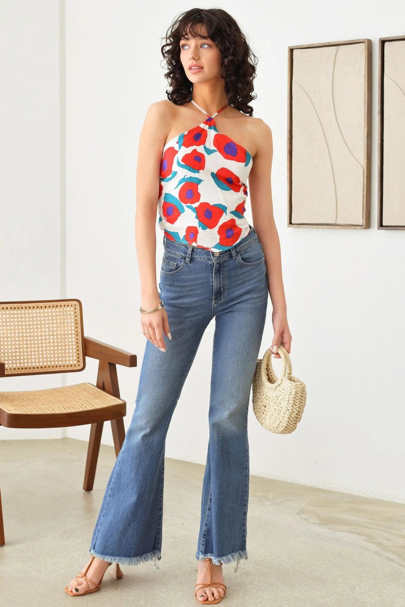 Floral Halter Neck Adjustable Strap Back Tie Crop Top - Tasha Apparel Wholesale