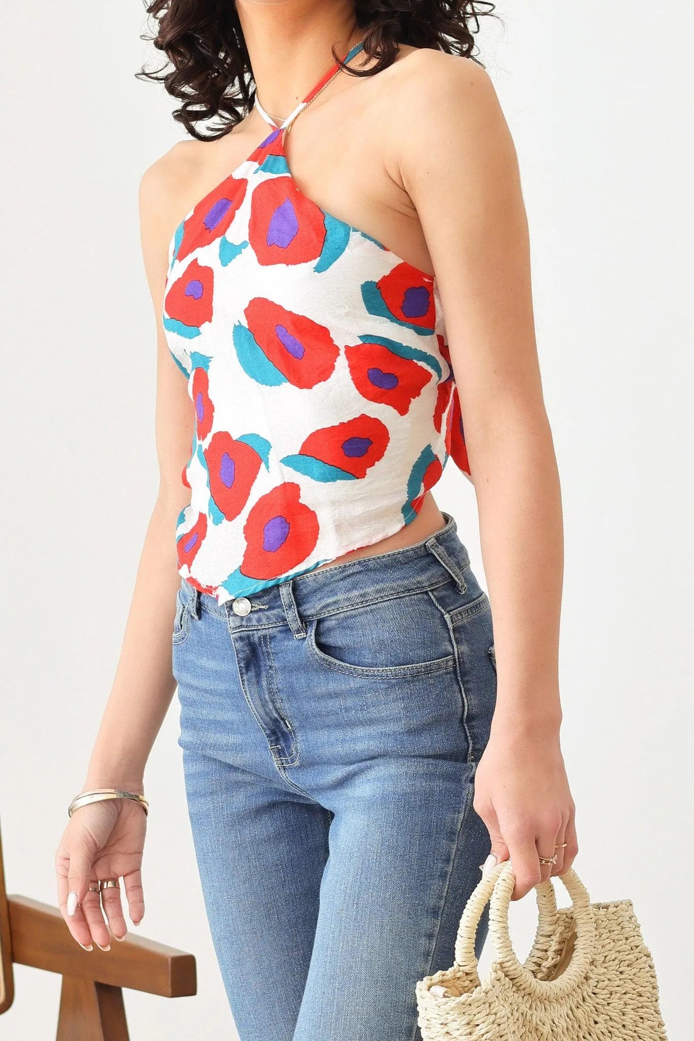 Floral Halter Neck Adjustable Strap Back Tie Crop Top - Tasha Apparel Wholesale