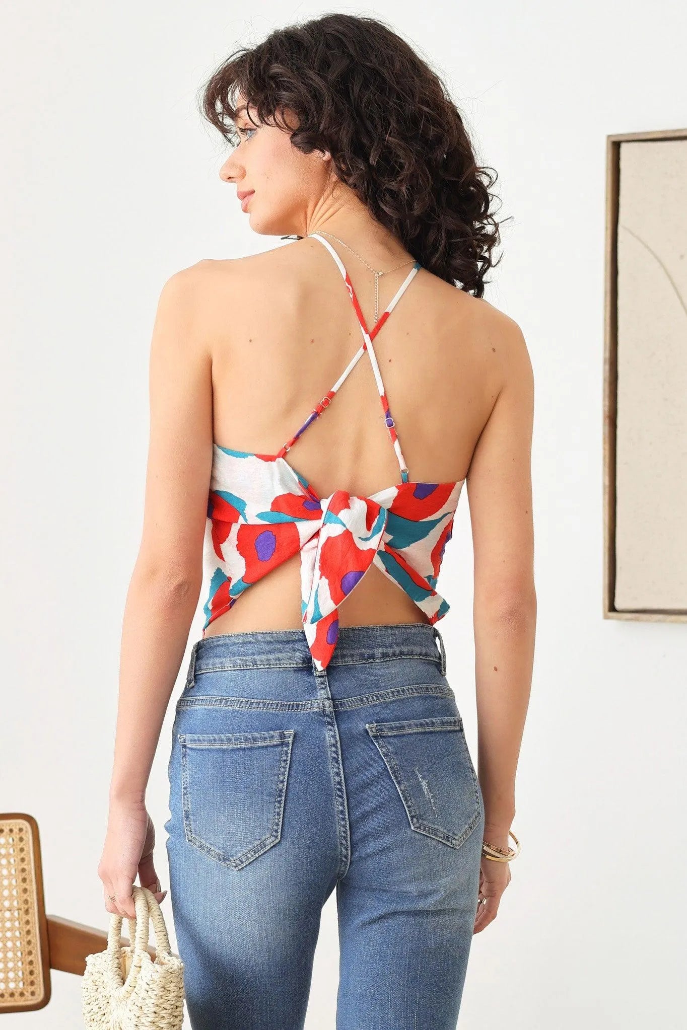 Floral Halter Neck Adjustable Strap Back Tie Crop Top - Tasha Apparel Wholesale