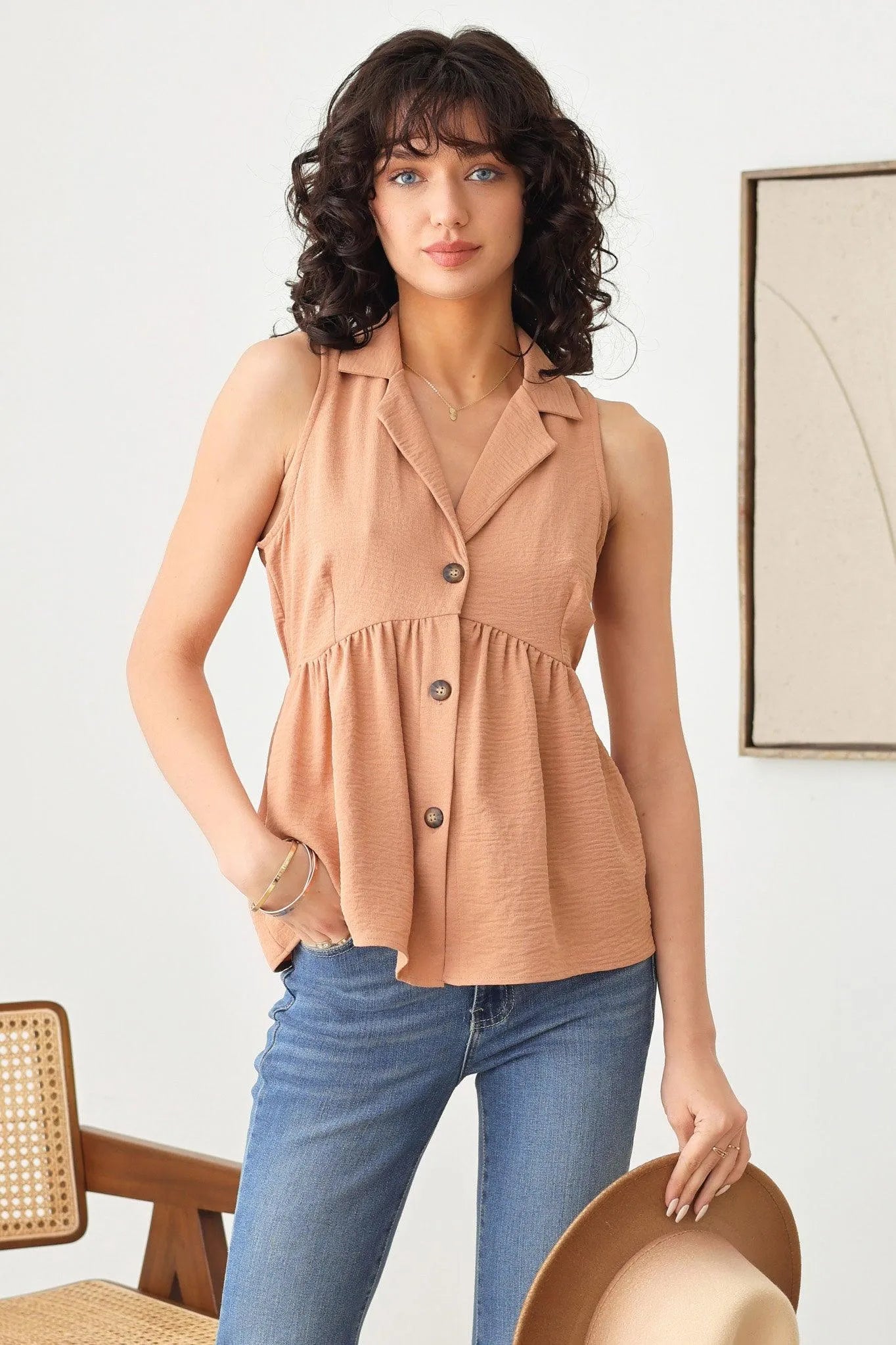 Sleeveless Button Down Collared Peplum Top - Tasha Apparel Wholesale