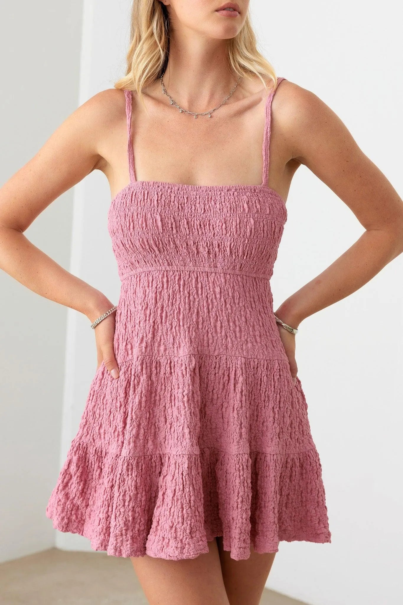 Smocked Tiered Ruffle Babydoll Mini Dress - Tasha Apparel Wholesale