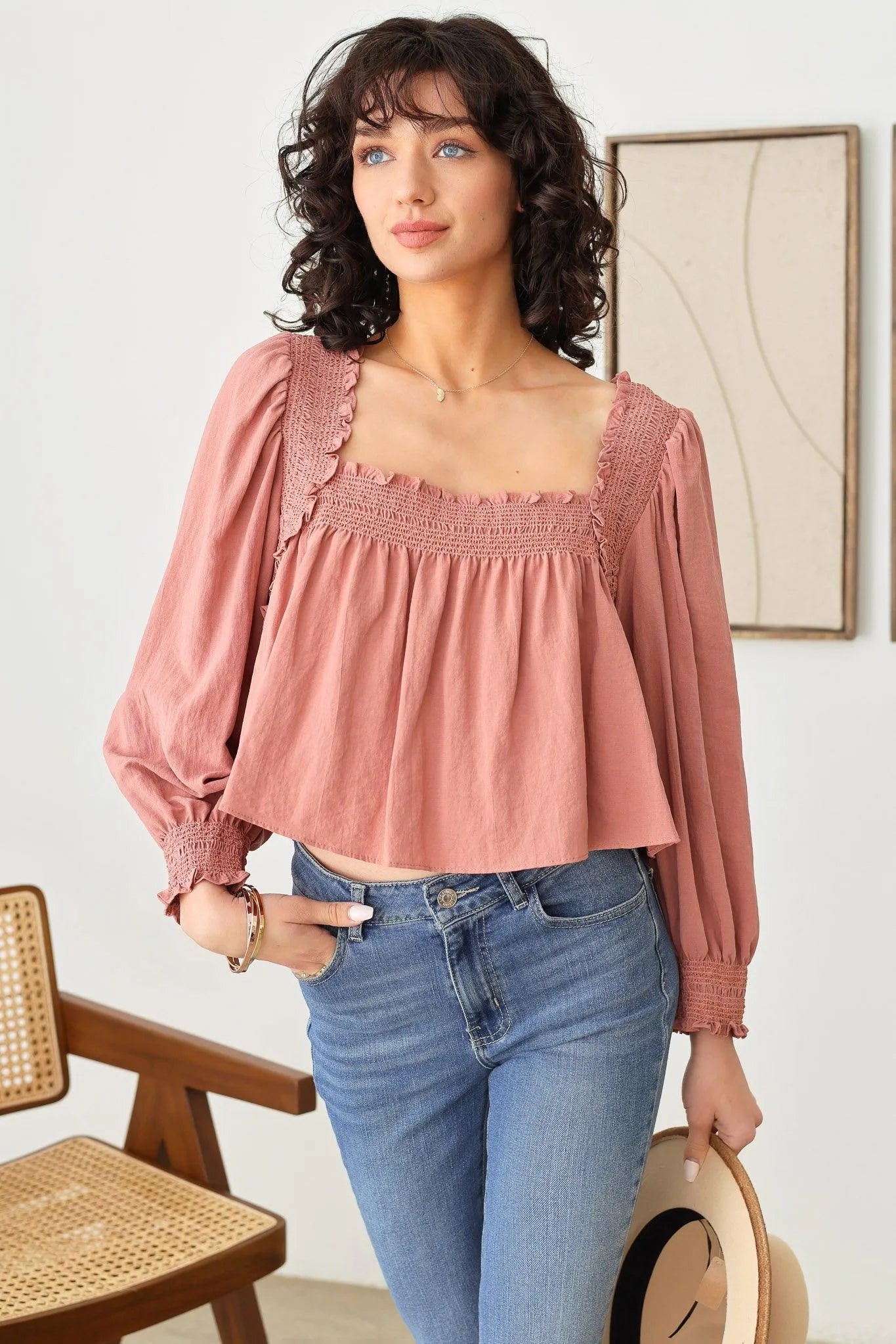 Smocked Detail Shirred Square Neck Puff Sleeve Top - Tasha Apparel Wholesale