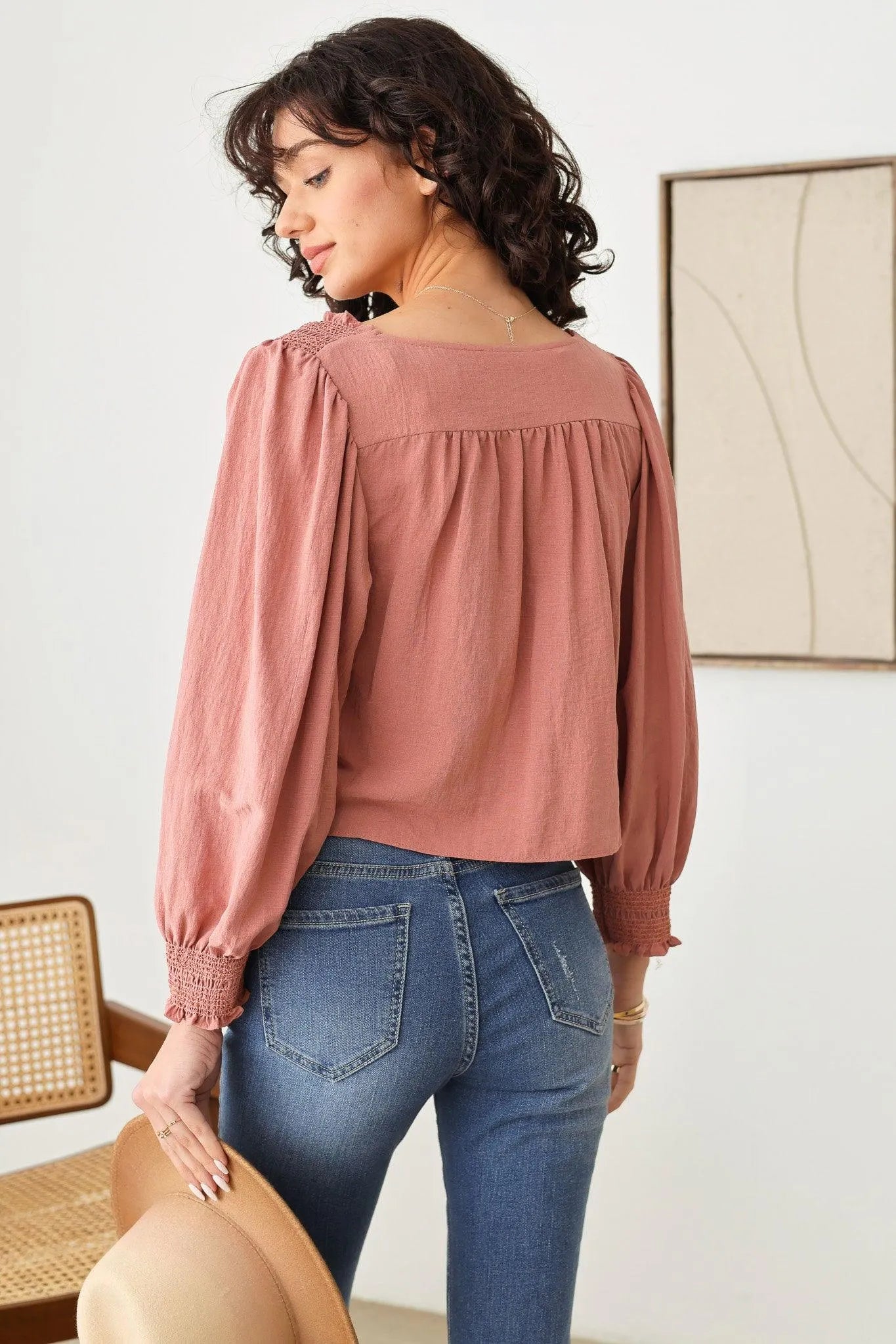 Smocked Detail Shirred Square Neck Puff Sleeve Top - Tasha Apparel Wholesale