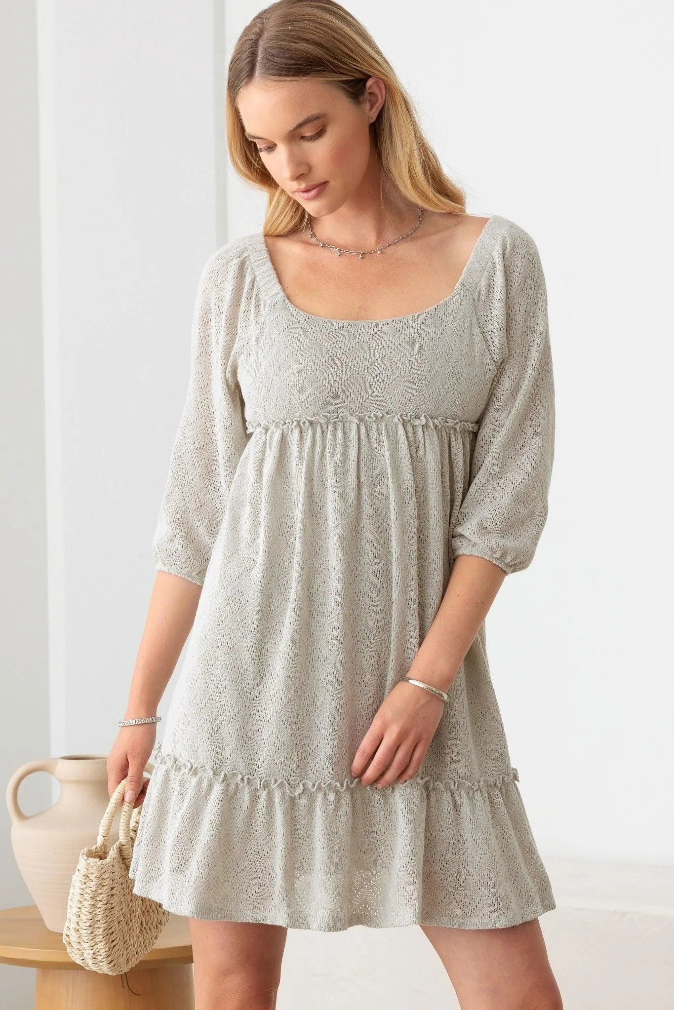 3/4 Puff Sleeve Merrow Surplice Dress - Tasha Apparel Wholesale