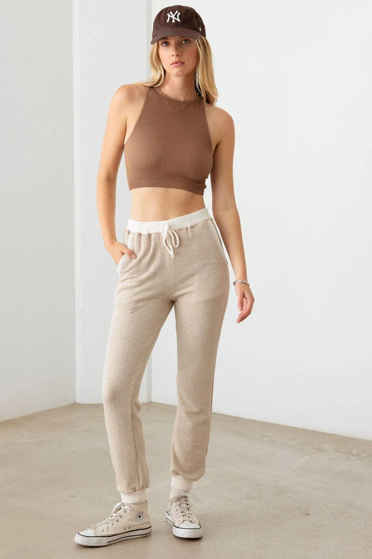 Drawstring Cream Trim Soft Jogger Pants - Tasha Apparel Wholesale